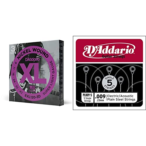 D’Addario EXL120-3D Cordes en nickel pour guitare électrique Super Light 9-42 3 jeux & PL009-5 Pack de 5 Cordes seules… - Les Beatles, Paul McCartney, John Lennon, RIngo Starr, George Harrison D'Addario EXL120-3D Cordes en nickel pour guitare électrique Super Light 9-42 3 jeux & PL009-5 Pack de 5 Cordes seules…