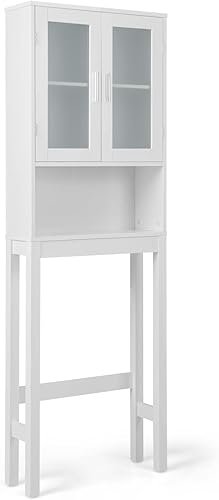 Miniatura 9 de Giantex Gabinete de almacenamiento sobre el inodoro, armario de baño independiente con 2 puertas de vidrio esmerilado, estante interior ajustable de