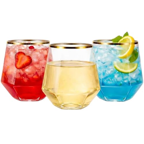 Oojami 40 count Diamond 12 Ounce Gold Rim Cups Unbreakable Stemless Plastic Wine Champagne Whiskey...