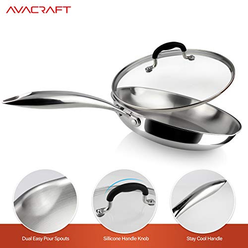 AVACRAFT 18/10 Tri-Ply Stainless Steel Frying Pan with Lid, Side Spouts, Stay Cool Handle, Induction Pan, Versatile Stainless Steel Skillet, Fry Pan in our Pots and Pans (Tri-Ply Full Body, 12 Inch) - Thumbnail 5