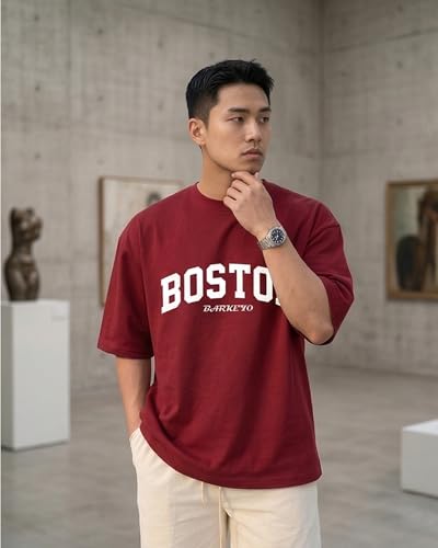 Image of BARKEYO Men's Half Sleeve Round Neck French Terry Graphic Print Oversized Tshirt for Man (Boston-ft) Pack of 2 (in, Alpha, XL, Regular, Red)