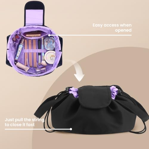 Lay Flat Drawstring Makeup Bag,Travel Cosmetic Organizer for Women,Large Capacity Toiletry Bag,Portable Open-Flat Design for Skincare and Makeup Brushes (Purple)4