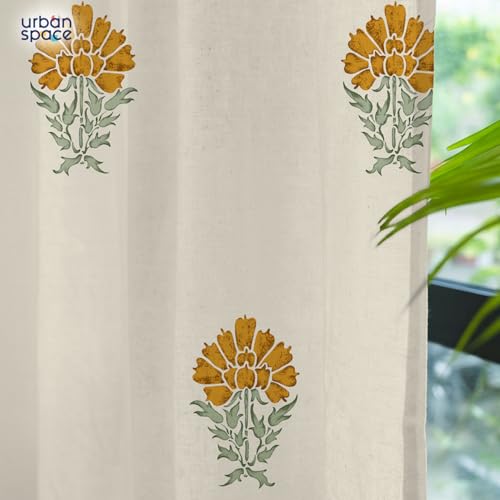 Image of Urban Space 100% Cotton Floral Curtains 5 Feet Long Set Of 2, 60-65% Room Darkening Curtains, Decorative Curtain With Eyelets /Rings For Hanging, Tieback Included (Marigold Yellow, 5 Feet)