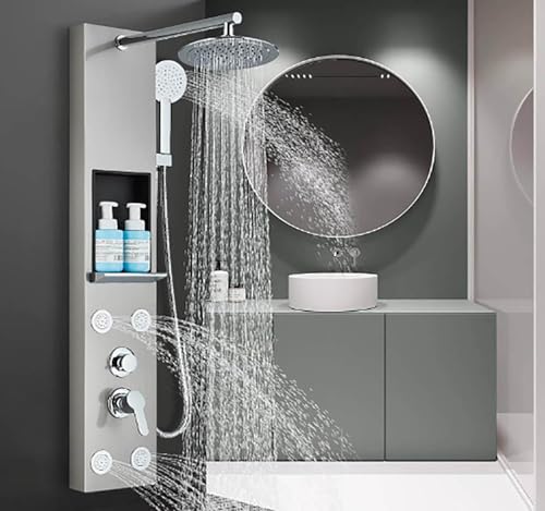 Duschsäule aus Edelstahl mit Massagedüsen Säule Wanddusche multifunktional Duschpaneel mit Ablage für Badezimmer
