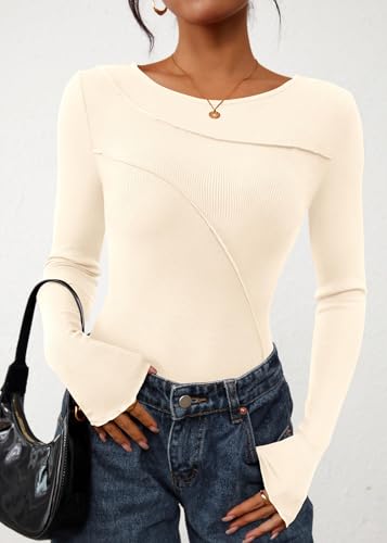 KIRUNDO Going Out Tops for Women Boat Neck Long Sleeve Ribbed Knit Fitted Shirts Exposed Seams Basic Tee Fashion Clothing3
