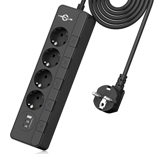Steckdosenleiste überspannungsschutz(4000W 16A),KEPLUG Mehrfachsteckdose mit 2USB C 1USB A wandmontage, Steckerleiste einzeln schaltbar kindersicherung,Steckdose 2 m Kabel Schwarz 1