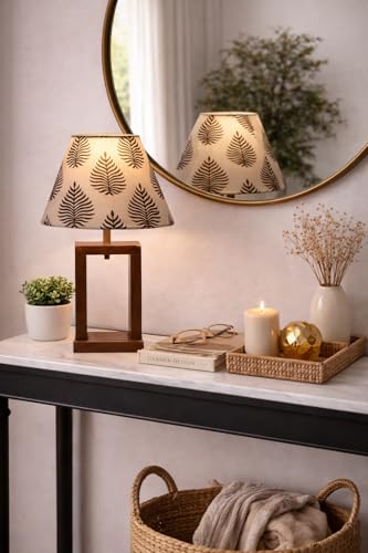 Image of tu casa Mango Wood Table Lamp | Cobra Saffron Print Satin Shade Bedside Lamp for Bedroom Living Room Study | Decorative Wooden Home Decor Lighting & Gifting
