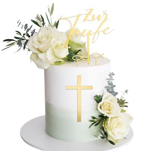 Honosen 4Pcs Tortendeko Taufe Kreuz Cake Topper Taufe Tortendeko Junge Mädchen Acryl Gold Torte Deko Fisch Kommunion Cupcake Topper für Babyshower Kuchen Dekoration