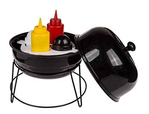 71/3145 - Gewürzhalter Metall Kugelgrill, mit Salz- & Pfefferstreuer, Senf- & Ketchupflasche, aus Kunststoff, im Geschenkkarton