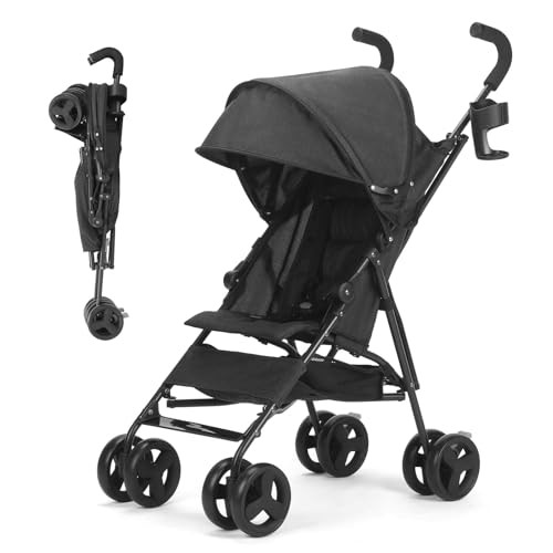 Baby Stroller, Umbrella Stroller with Foldable Pushchair with Adjustable Canopy, Folding Infant Newborn Pram Stroller with Storage Basket, Cup Holder, Suspension Wheels for Infants (Black)