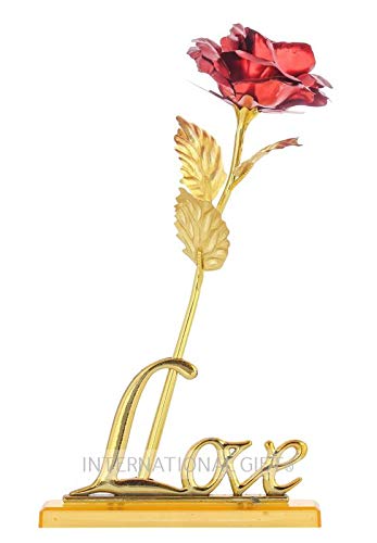 INTERNATIONAL GIFT Red Rose Flower with Golden Leaf with Love Shape Stand and Luxury Gift Box 25 Cm-image-19