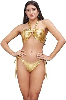jaanshi Metallic Bikini Set | Halter Shiny Bikini Set for Women Beach Wear | Swimming Costume for Women 2 Piece Set Price In India