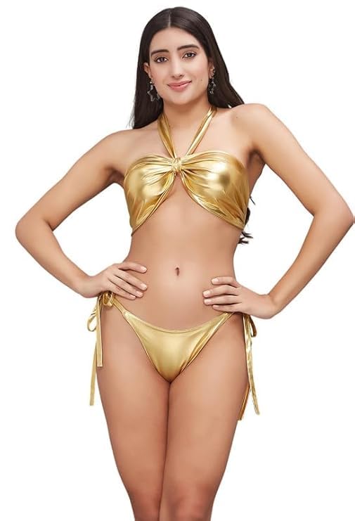 jaanshi Metallic Bikini Set | Halter Shiny Bikini Set for Women Beach Wear | Swimming Costume for Women 2 Piece Set-picture-21