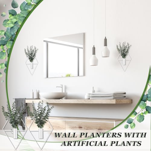 Image of Jexine Hanging Planters with Artificial Eucalyptus Metal Hanging Vase Indoor Plants Holder Modern Geometric Boho Bathroom Wall Decor for Living Room Home Office(White,4 Pcs)