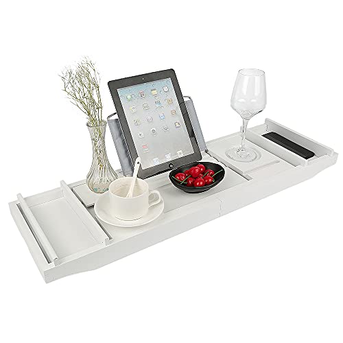 Willonin Badewannenablage, Bambus-Badewannenhalter versenkbar und verstellbar (mit Handtuchkasten) 70-105cm * 23 * 3cm | Verwendet für Badezimmerspeicher (Weiß) Cover