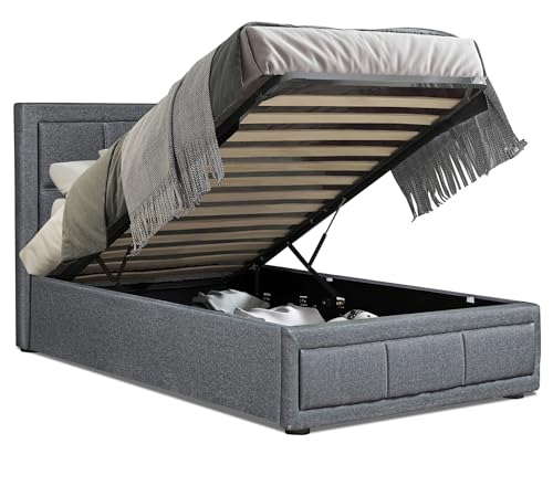 Ottoman Bed, Upholstered Single Bed Frame UKFR Linen Fabric Dark Grey Ottoman Storage Bed with Gas Lift End Opening Wooden Slats with Storage Bed (3ft Small 100 x 204, No Mattress)
