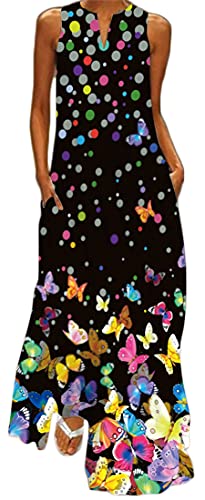 WINKEEY Vestido Maxi para Mujer Estampado Floral Mariposa Bohemio Vestido de Verano con Bolsillos Sin Mangas Talla Grande, Mariposa Negra XL Cover
