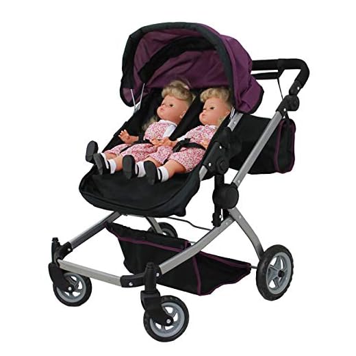 Mommy & Me Babyboo Twin Doll Stroller Foldable Deluxe Double Doll Pram with Swiveling Wheels, Convertible Seat, Basket, and Free Carriage Bag, Purple and Black (Multi Function View All Photos) 9651A