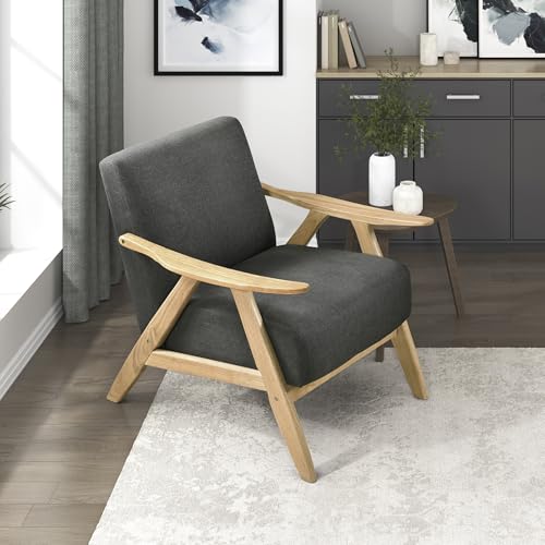 Lexicon Mid Century Modern Accent Chair with Solid Wood Frame in Natural Finish, Textured Fabric Living Room Lounge Arm Chair, Thick and Comfy Innerspring Seat Cushion, Linen-Look Fabric, Dark Gray