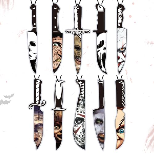 10 Pcs Horror Movie Car Air Freshener Set Blk Ice Scent Halloween Themed Hanging Knife Design Spooky Halloween Gifts for Women Men Classic Horror Movie Character Car Accessories Decor.