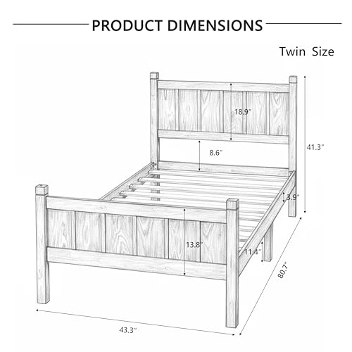 Image of Twin Size Vintage Bed Frame with Headboard, Farmhouse Wooden Platform Bed with Under-Bed Storage, Minimalist Modern Wood Grain Finish Bedframe for Bedroom (Light Walnut)