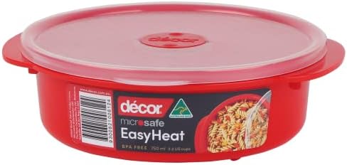 Décor Microsafe food containers with lids & steam vent, quick reheating, non-staining round BPA-FREE microwavable plastic tupperware with splatter cover - 1.5L, Red