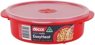 Décor Microsafe food containers with lids & steam vent, quick reheating, non-staining round BPA-FREE microwavable plastic tupperware with splatter cover - 1.5L, Red
