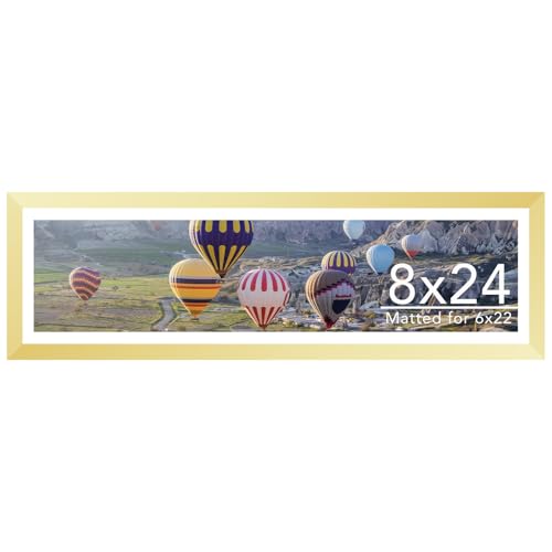 Image of JCJMY 8x24 Picture Frame with 6x22 Mat, Panoramic Picture Frame Display Photo 6x22 with Mat or 8 x 24 Without Mat, Wall Hanging Large 8 by 24 Poster Frame with Plexiglass, Gold