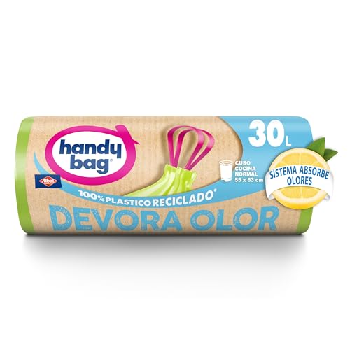 Handy Bag Bolsas de basura Devora Olor - Bolsas para cubo de basura de cocina, con sistema de absorción de olores y aroma a limón, antigoteo y con triple capa, 100% plástico reciclado, 30L, 12 bolsas
