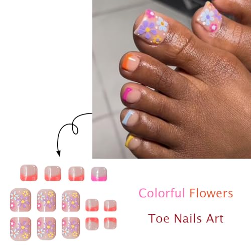 Image of Flower Press on Toenails Colorful French Tip Fake Toe Nails with Floral Design Spring Glue on Nails Reusable Artificial Acrylic Full Cover Short Square Stick on Toes for Women Girls Manicure 24 Pcs