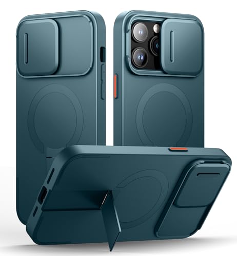 Image of SURITCH for iPhone 14 Pro Max Case with Magnetic Camera Slide Cover and Adjustable Kickstand, Compatible with MagSafe, Shockproof Bumper Case Slim Protective Cover 6.7 Inch, Lake Green