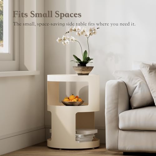 Image of XIV Side Table, Round End Table, Modern Nightstand, Metal Accent Table, Small Bed Side Table for Living Room Bedroom, Bedside Table, Night Stand, No Assembly Required (Off White, Round)