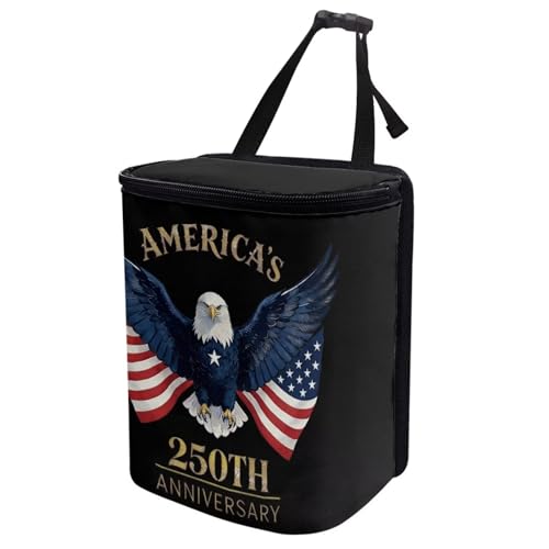 Image of USA 250 Print Car Trash Can Car Waste Basket with Lid Storage Pockets for Disposable Garbage Bag Multipurpose Collapsible Car Organizer for 4th of July