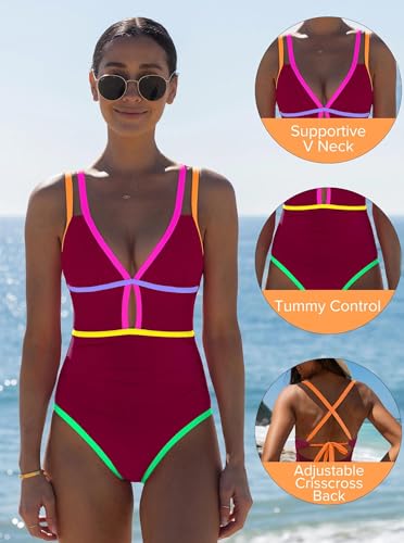 Image of popvil Women One Piece Swimsuit 2026 Tummy Control Sexy Cutout Neon Color Block Bathing Suit Slimming Adjustable Swimwear