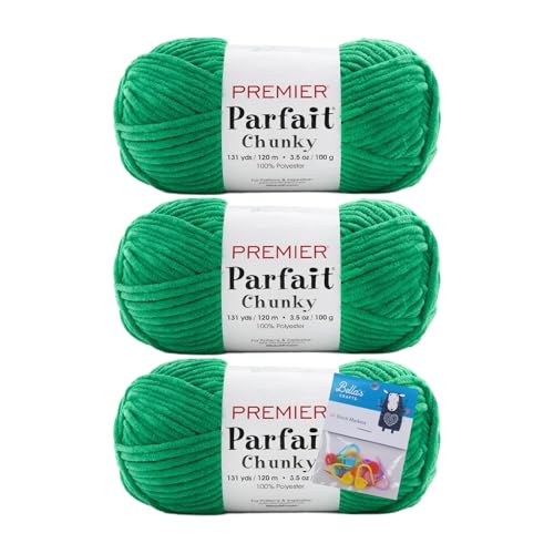 Image of Premier Yarns Parfait Chunky Chenille Crochet Knitting 3.5 Oz 6 Super Bulky Weight 3 Pack Bundle with Bella's Stitch Place Holders (Seaweed Salad)
