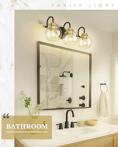 Image of Bathroom Light Fixtures, 3-Light Black and Gold Vanity Lights with Globe Clear Glass, Modern Vanity Lighting Fixtures Over Mirror, AD-22280-3W-KG