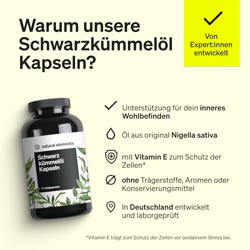 natural elements Schwarzkümmelöl (original Nigella sativa) – 400 Kapseln im 6-Monats-Vorrat – 1.000mg echtes Schwarzkümmelöl/Tag – kaltgepresst, naturbelassen – sorgfältig laborgeprüft 3