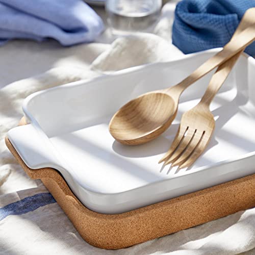 Casafina Ceramic 16" X 10.25" Rectangular Baker With Cork Tray - Ensemble Collection, White | Oven & Dishwasher Safe Bakeware | Food Safe Glazing | Restaurant Quality Dinnerware #TOP1