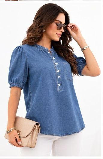Image of Women's Denim Shirt, Blue, Puff Sleeve, Breeze Top Button Front, Casual Top