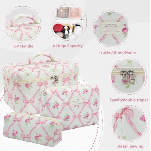 Image of Lyrovo Makeup Organizer Cosmetic Bag Quilted Large Floral Make Up Organize Set for Women Flower Travel Toiletry Bag (Pink-Bow)