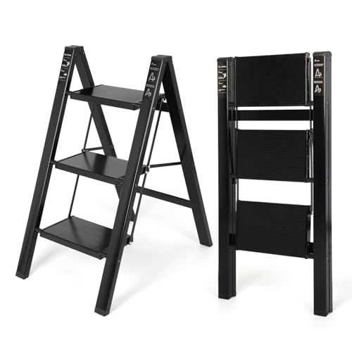 FAHKNS 3 Step Ladder, Aluminum Light Folding 3 Step Stool with Non-Slip Wide Pedal (7.9Inch), 330Lbs Capacity Stepping Stool, Step Ladder 3 Step Folding for Office,Household,Kitchen, Black