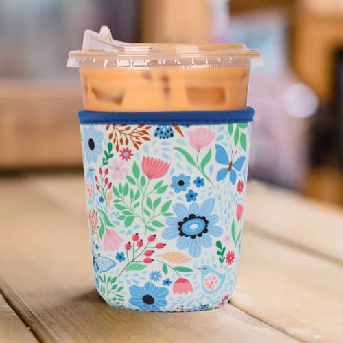 Image of Reusable 3-Pack Iced Coffee Cup Sleeve, Insulated Neoprene, Beverage Holder for Iced Coffee, Durable Drink Sleeve for Cold Beverages, Butterfly Bloom