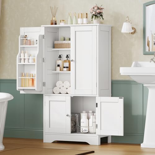 Image of TEENFON 43'H Pantry Cabinet with 4 Doors, Kitchen Cabinet with 6 Door Shelves, Storage Cabinet-Kitchen Pantry for Living Room, Dining Room, Bathroom, White