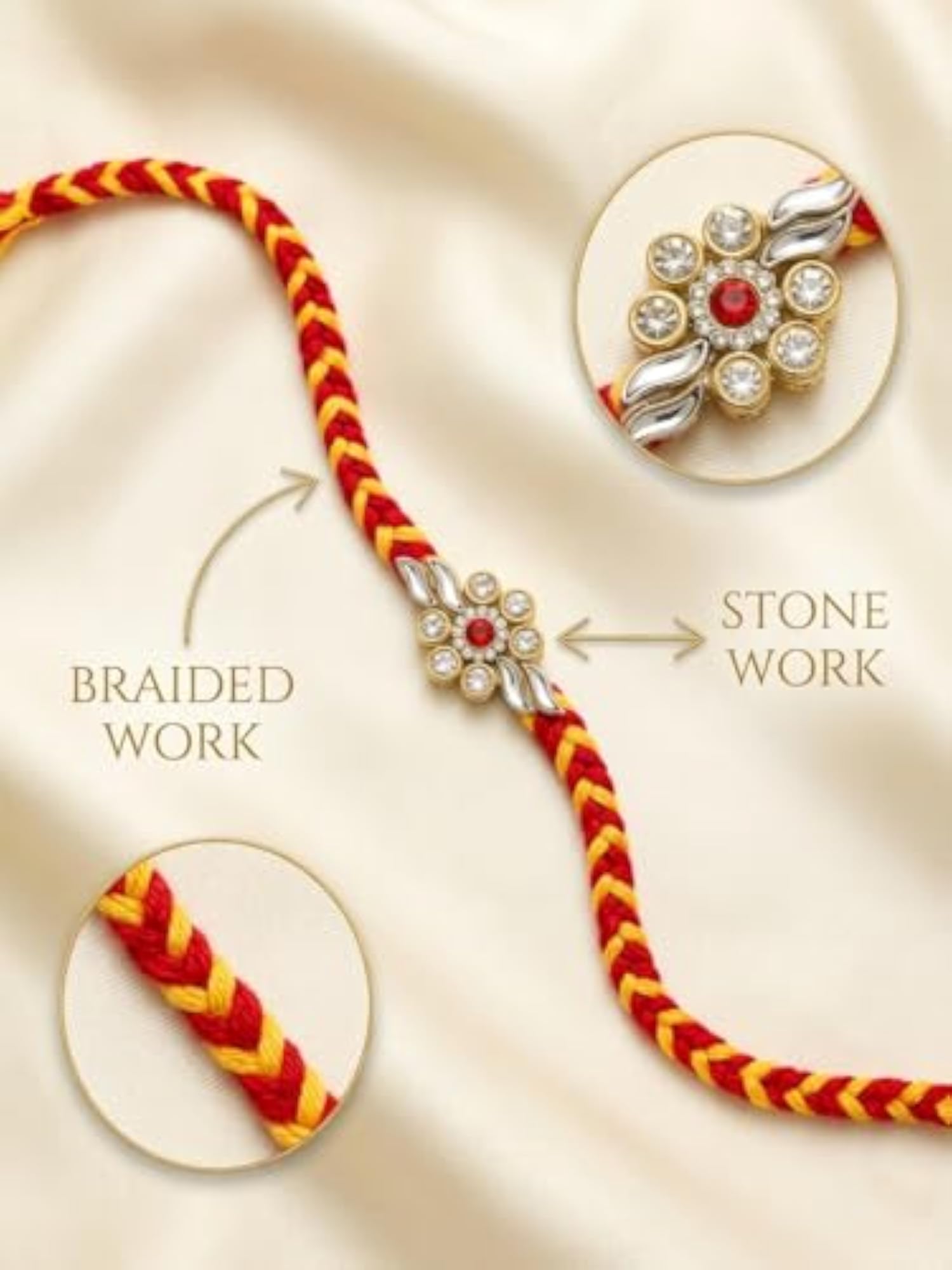 Premium Rakhi Set for Bhaiya, Kundan and Floral Stone Combo