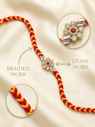 Image of 2 Pcs Traditional Floral Meenakari Rakhi with Roli Chawal, Red and Yellow Braided Thread Crystal Stone Centerpiece Rakshabandhan Rakhi for Brother Elegant Design Rakhis for Bhai