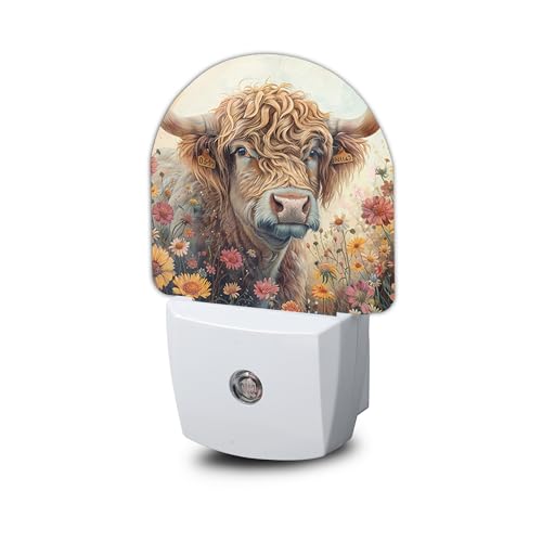 Image of Highland Cow Wildflowers Night Light,Night Lights Plug into Wall with Dusk to Dawn Sensor,Lamp for Bedroom Bathroom Hallway Nightlight for Women Girls