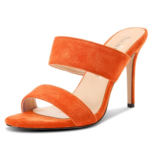 Image of NobleOnly Womens Round Open Toe Heeled Sandals Two Strap Stiletto High Heel Sandals Backless Dress Slip-on Mules Sandals 3.9 Inches Heels