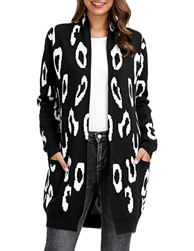 Women Long Sleeve Open Front Leopard Knit Long Cardigan(S,Black Leopard)