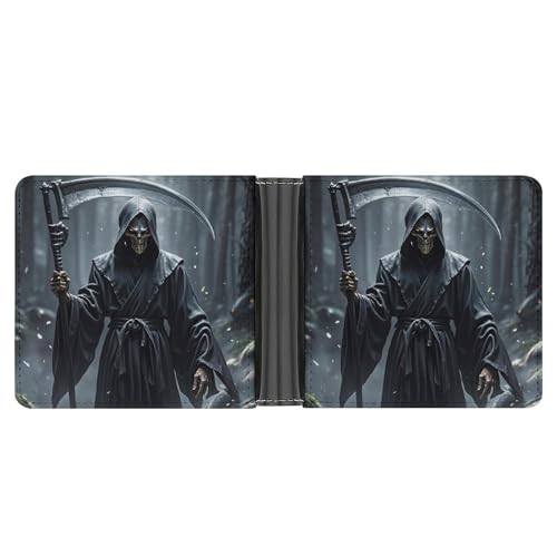 Slim Leather Wallet for Men - Grim Reaper Bifold Credit Card Holder with Money Clip & 6 ID Window