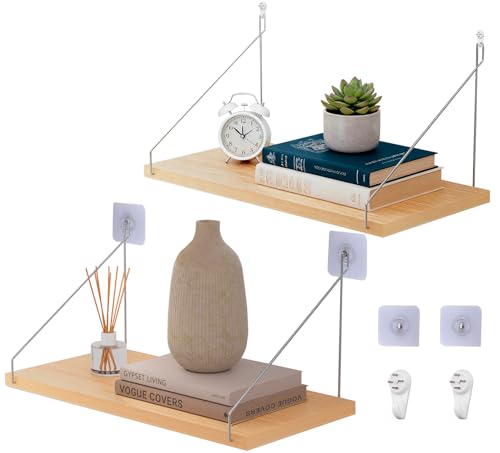 Repisas Pared de Madera 2 Piezas con Ganchos Metálicos Desmontables, Estante Flotante para Cocinas, Salones, Dormitorios y Baños Decoracion Pared, No Requiere Taladros para Instalación